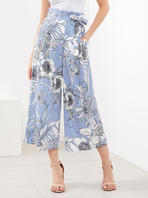 Pantaloni A Strisce Verticale Con Stampa Floreale