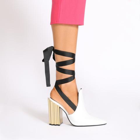 Lissy Roddy Heated Pointed Lace Up Ridged Heel Mules In White