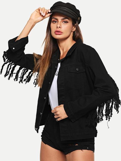 Cazadora Denim Ribete Con Fleco Con Lavado Negro