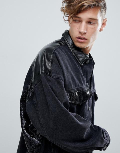 Chaqueta Denim Extragrande Con Paneles De Vinilo Y Lentejuelas En Negro De Asos Design