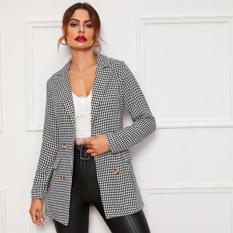 Lapel Neck Double Breasted Houndstooth Blazer