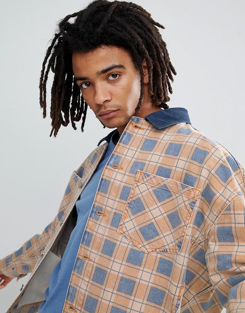 Asos Design Oversized Denim Jacket In Orange Check