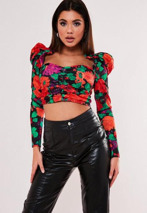 Red Floral Ruched Milkmaid Crop Top, Multi