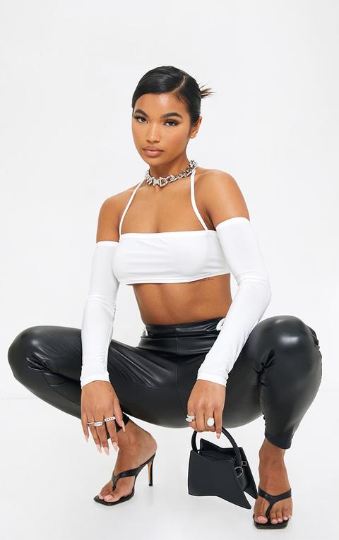 White Slinky Halterneck Long Sleeve Crop Top