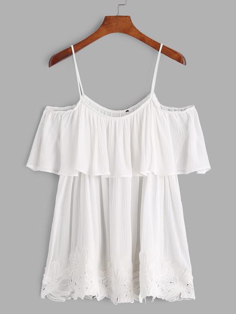 White Cold Shoulder Contrast Crochet Hem Ruffle Top