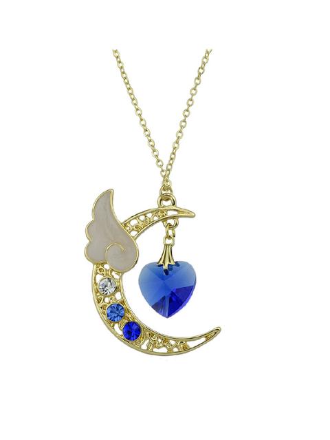 Blue Long Chain Moon Heart Wings Rhinestone Pendants Necklace