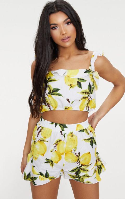 Cream Lemon Print Ruffle Strap Crop Top