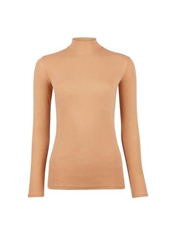 Womens Camel Plain Funnel Neck Cotton Top - Brown, Brown