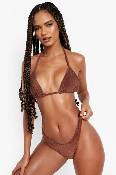 Womens Towelling Triangle Bikini Top - Brown - 10, Brown