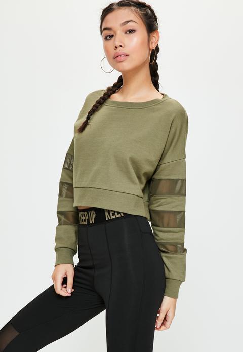 Active Khaki Mesh Sleeve Cropped Sweatshirt