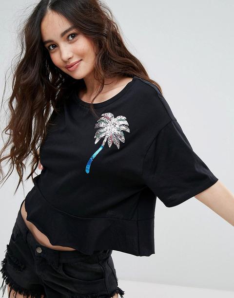 Pull&bear - T-shirt Con Palma Glitterata - Nero