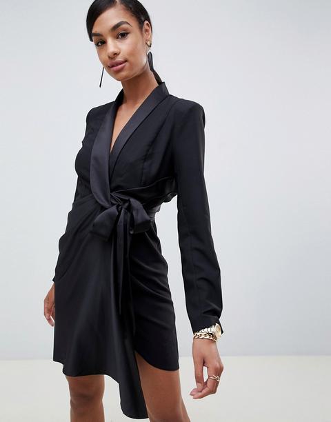 Asos Design - Vestitino Stile Smoking In Crêpe E Raso - Nero