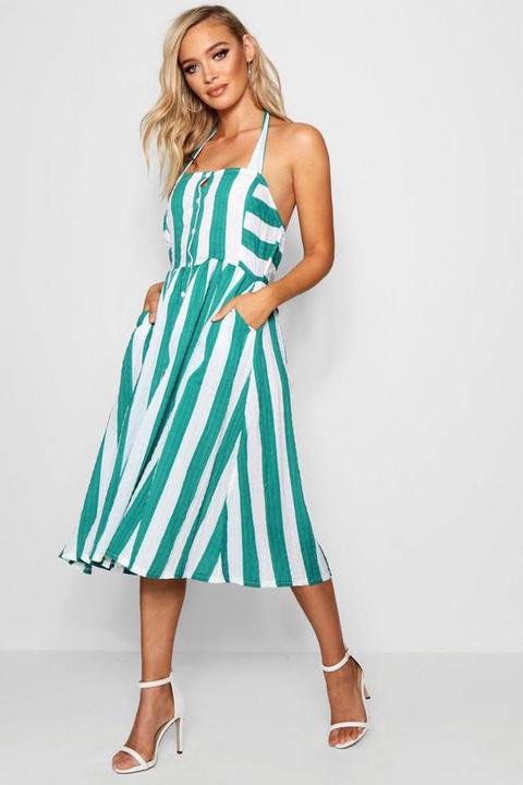 Womens Gestreiftes Neckholder-midikleid - Blattgrün - 36, Blattgrün