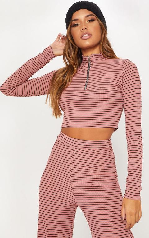 Pink Striped Knitted Long Sleeve Zip Up Top