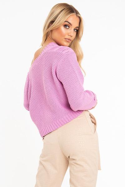 Pink Chunky Knit Button Up Crop Cardigan - Elly