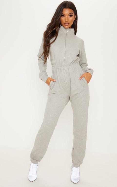 Grey Funnel Neck Zip Up Loop Back Jumpsuit, Grey