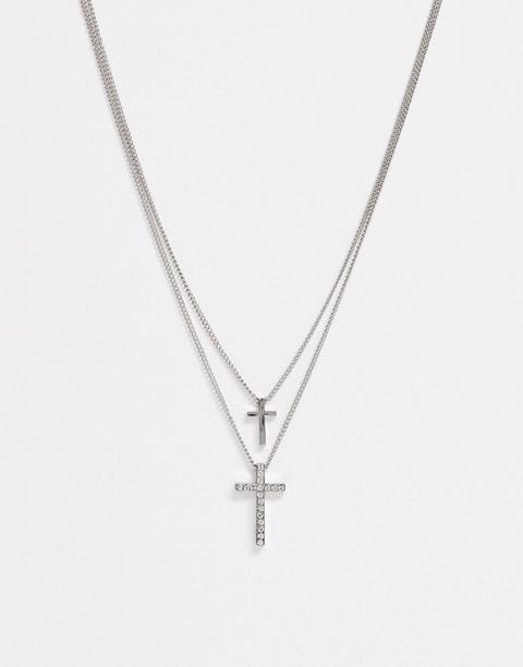 Designb Layered Neck Chain With Cross Pendant In Silver