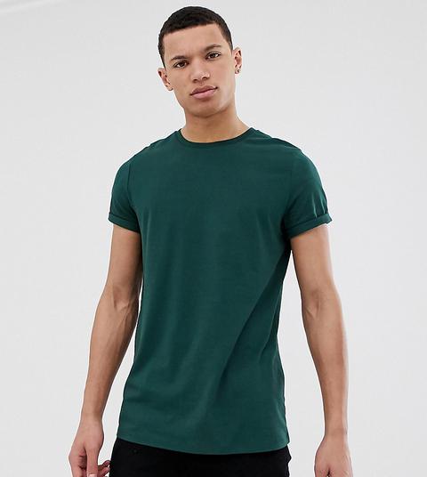 Asos Design Tall - T-shirt Girocollo Verde Con Risvolti Alle Maniche - Verde