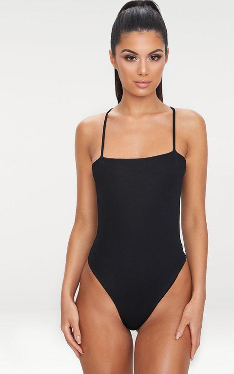 Black Ribbed Straight Neck Swimsuit