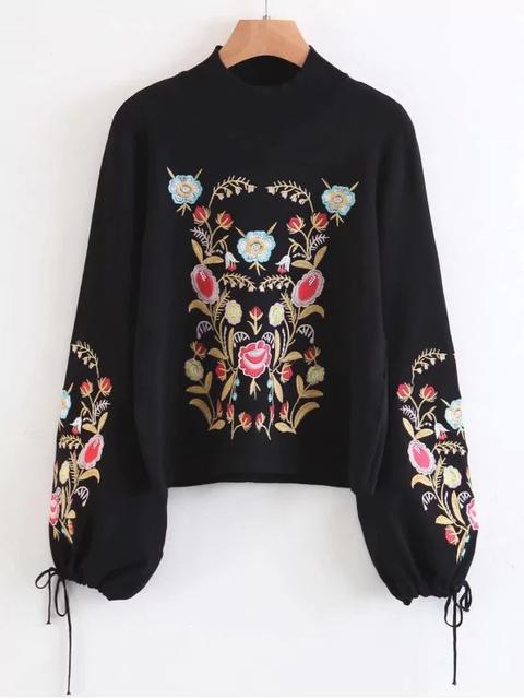 Mock Neck Flare Sleeve Floral Suéter Bordado Black