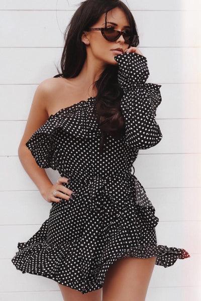 Black And White Polka Dot One Shoulder Frill Dress - Zyann