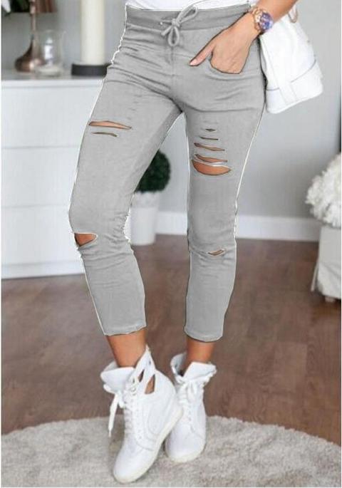 Grey Plain Cut Out Drawstring Casual Cotton Blend Long Pants