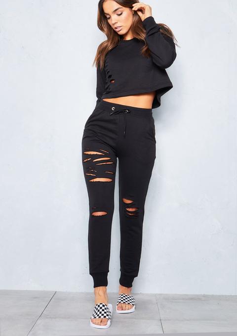 Porsha Black Distressed Cropped Loungewear Set