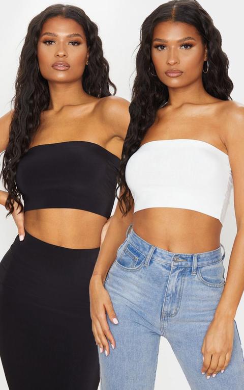 2 Pack Black And White Slinky Bandeau Crop Top