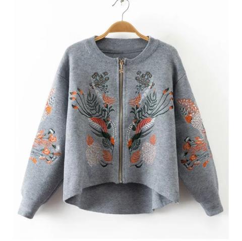 Embroidery Zipper Up High Low Sweater Coat