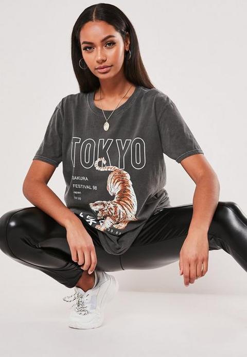 Grey Tokyo Graphic Oversized T Shirt, Grey