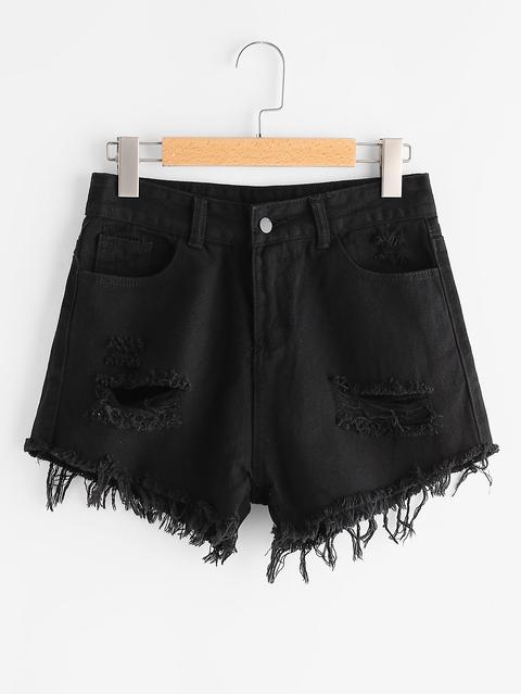 Destroyed Fray Hem Denim Shorts