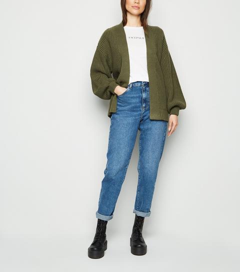 Khaki Puff Sleeve Long Knit Cardigan New Look