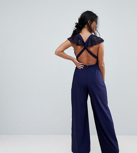 Asos Petite - Tuta Lunga In Pizzo A Portafoglio Con Fondo Ampio - Navy