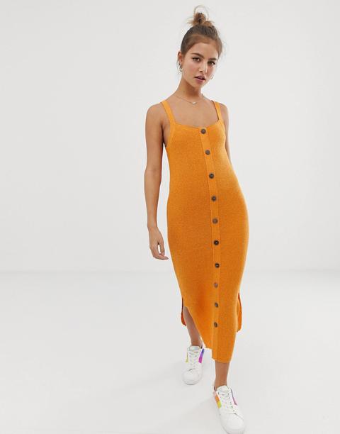 Asos Design Button Through Knitted Midi Dress In Natural Look Yarn-orange