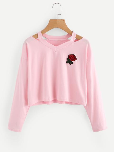 Cut Out Neck Rose Patch Tee