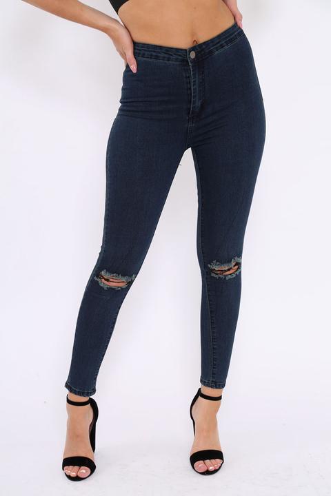 Dark Blue Ripped Knee High Waist Skinny Jeans -leeya