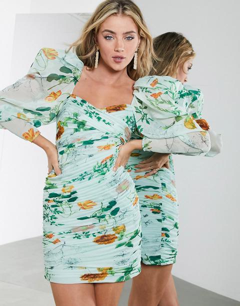 Asos Edition Ruched Mini Dress With Puff Sleeves In Green Floral Print-multi