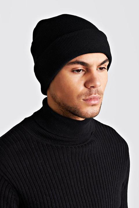 Mens Black Acrylic Beanie With Turn Up, Black