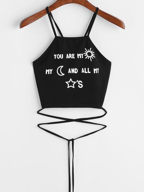 Letter Print Crop Lace Up Cami Top