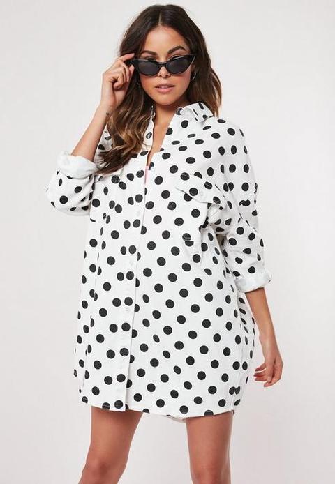 White Polka Dot Oversized Denim Dress, White