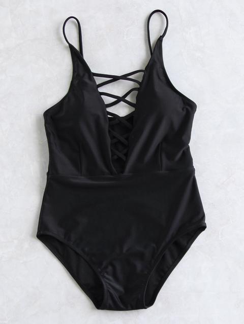 Plunge Nero Criss Cross Collo Di Un Pezzo Costumi Da Bagno