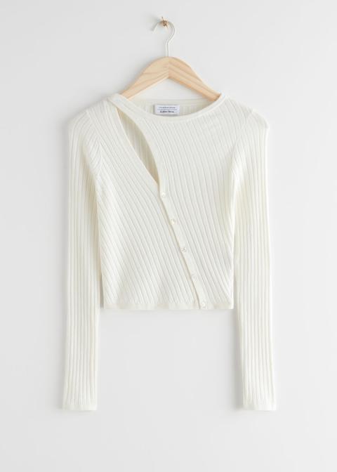 Fitted Asymmetric Button Up Knit Cardigan - White