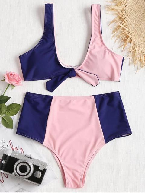 Color Block High Waisted Bikini Set Pink + Blue