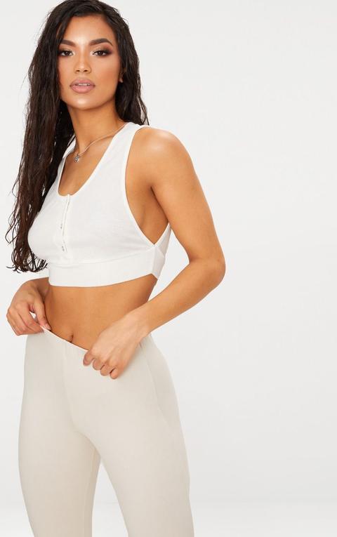 Cream Rib Popper Front Crop Top