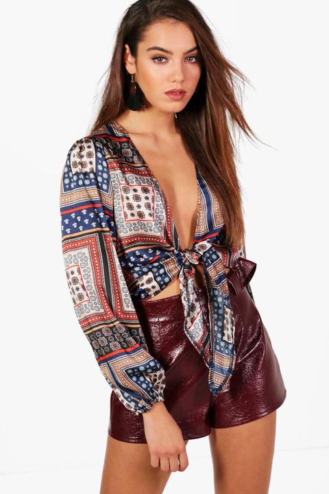 Scarf Print Tie Front Blouse