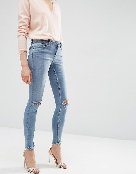 Asos Lisbon Mid Rise Skinny Jeans In Shelby Light Stonewash With Shredded Knees And Chewed Hems