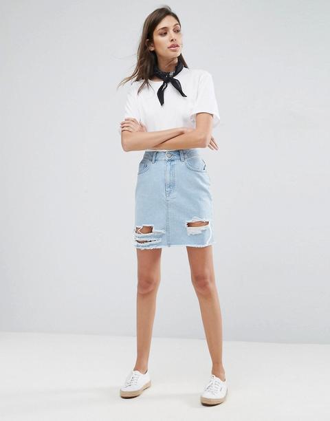 Asos - Gonna Di Jeans Originale Blu Slavato Con Strappi - Blu