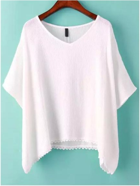 White V Neck Batwing Sleeve Loose T-shirt