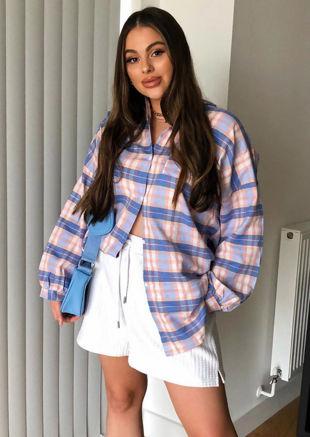 Button Down Oversized Checked Shirt Purple from Lily Lulu on 21 Buttons