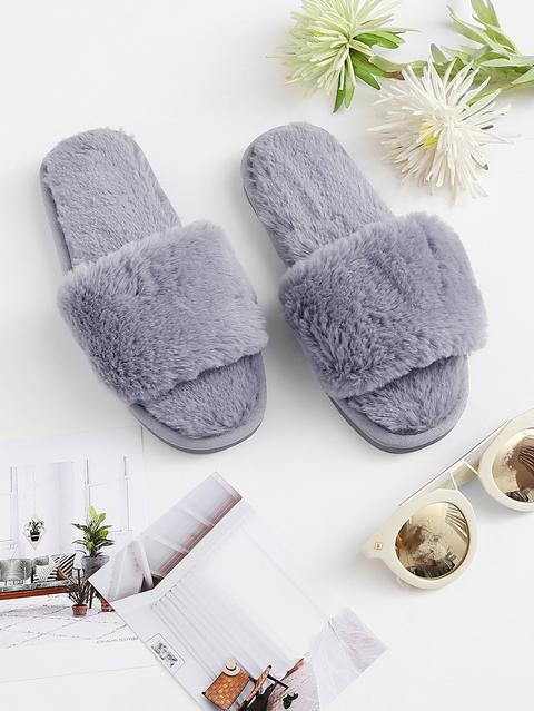 Faux Fur Overlay Flat Slippers